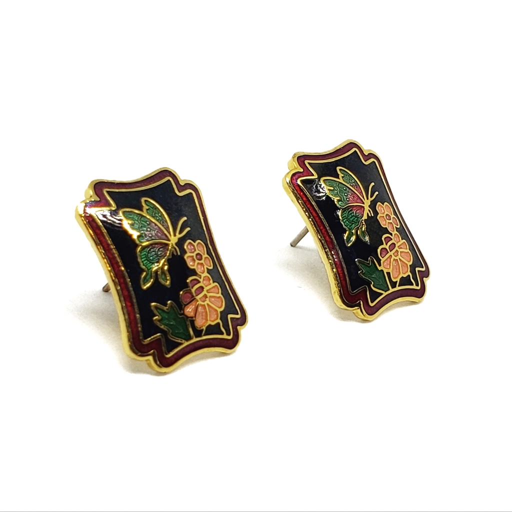 Vintage Chinese Rectangular Cloisonn Earrings